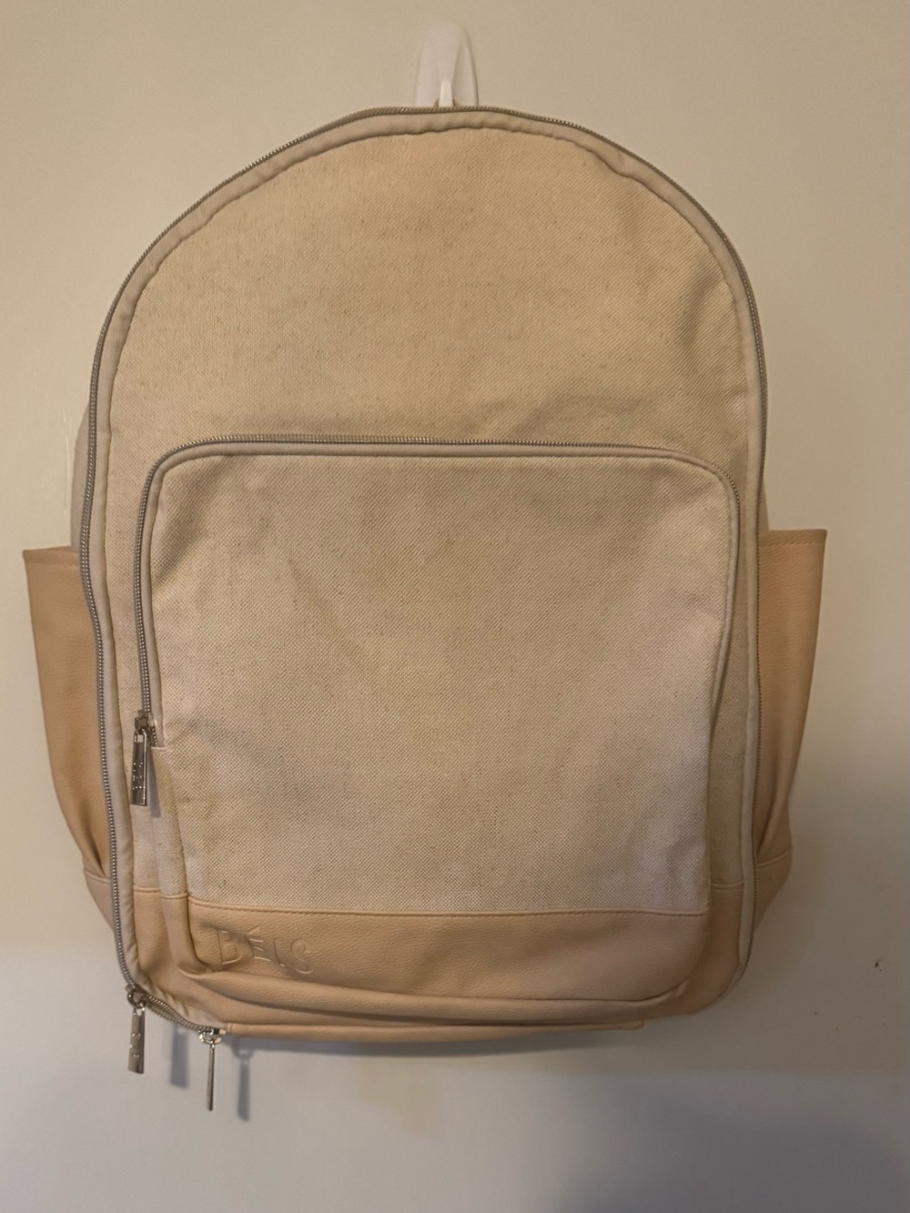 BEIS Beige Canvas Travel Backpack with Tan Trim